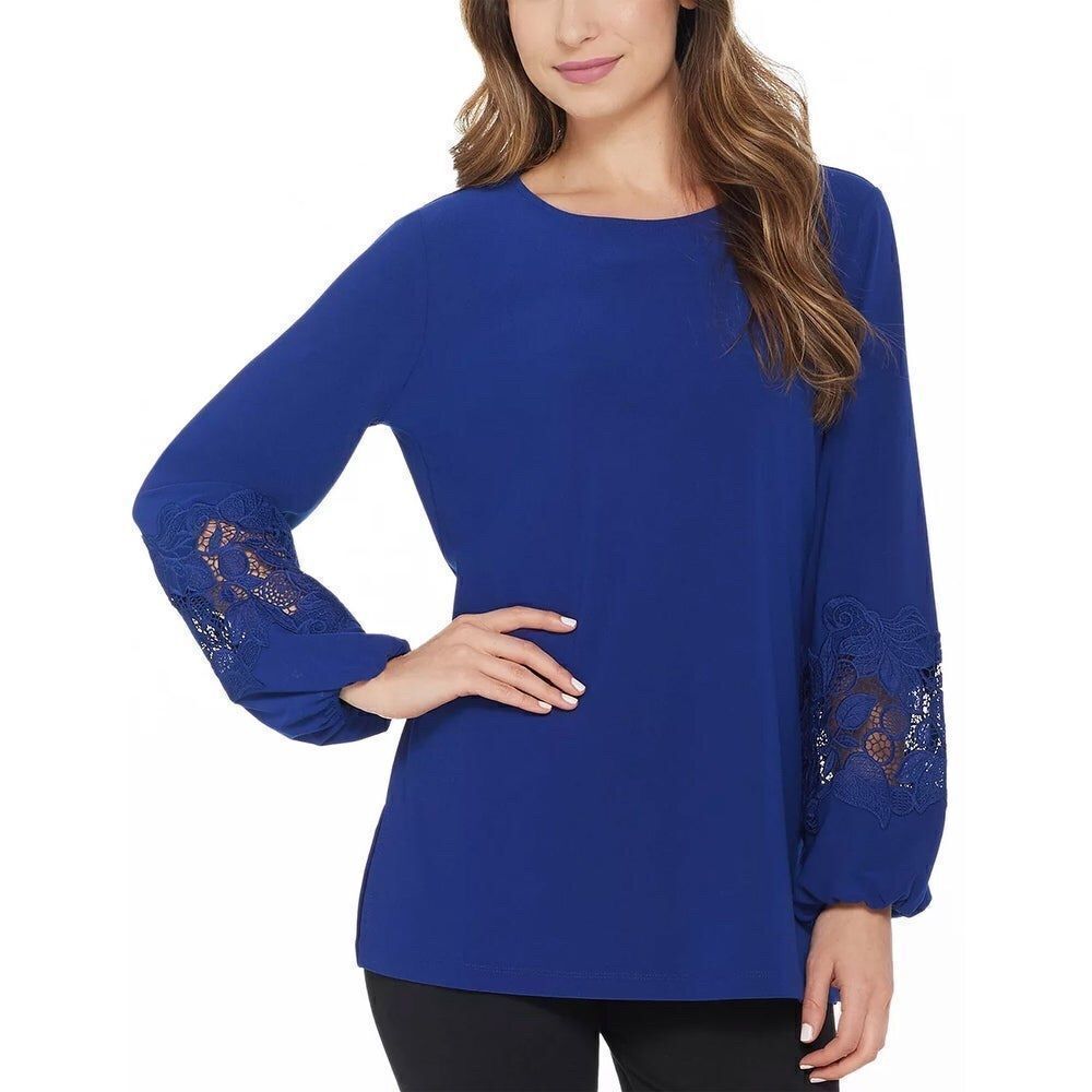 Dennis Basso Caviar Crepe Lace-Trimmed Slves Tunic